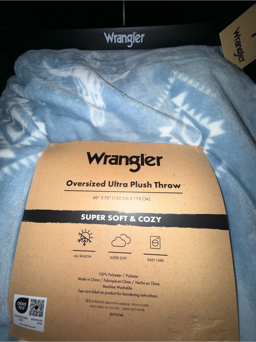 NEW Wrangler Oversized Ultra Plush Throw 60x70 Light Blue Aztec Steer Cow Skull